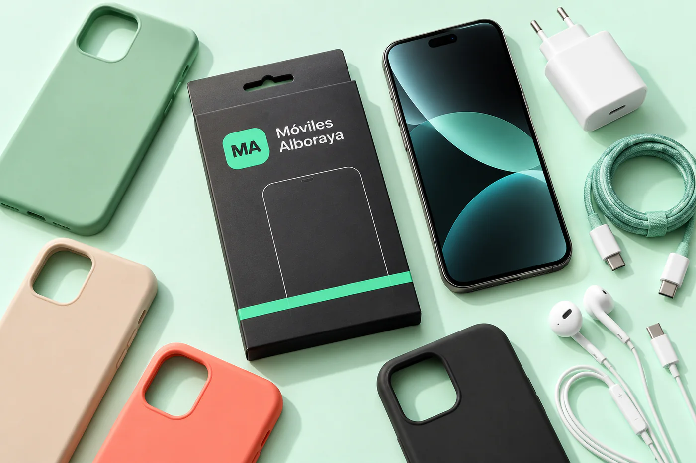 Fundas de colores, cable, cargador, auriculares y la caja del protector de pantalla de Móviles Alboraya
